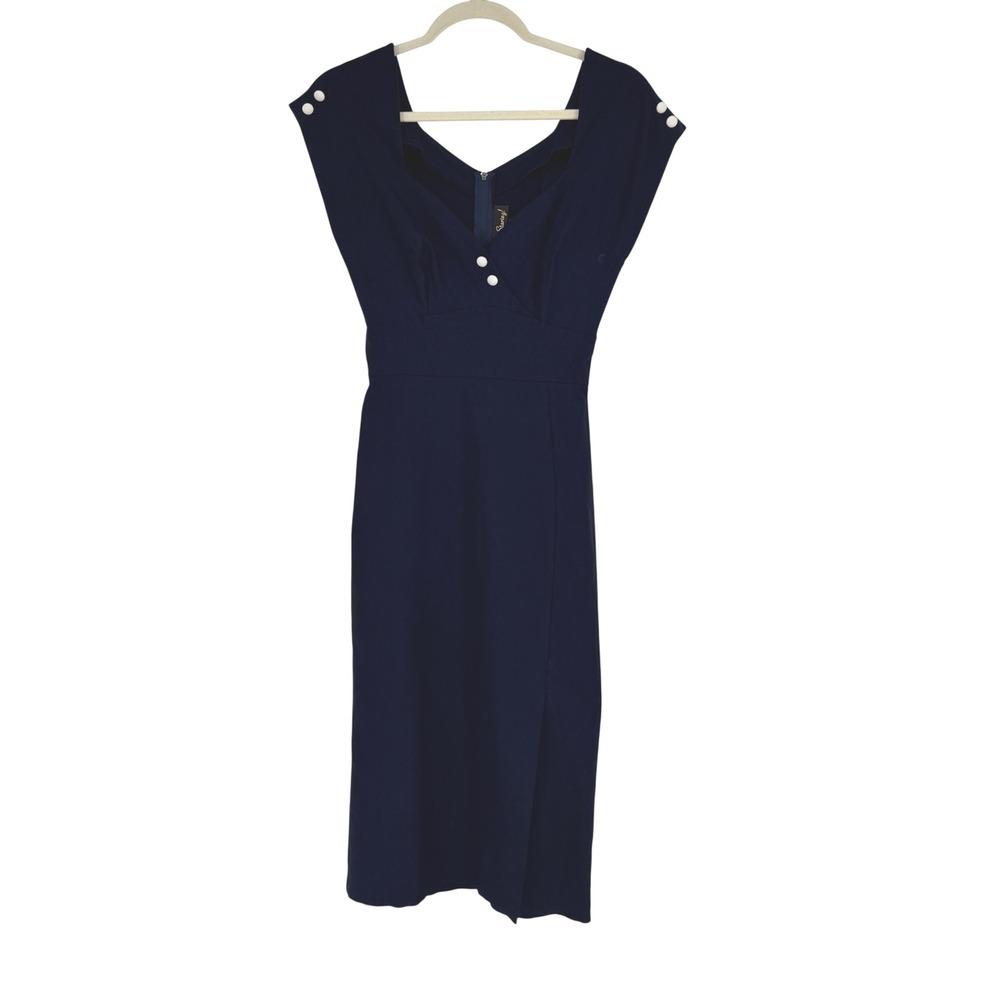 Stop Staring! Paris Navy Blue Wiggle Pencil Dress Womens Small Made in USA